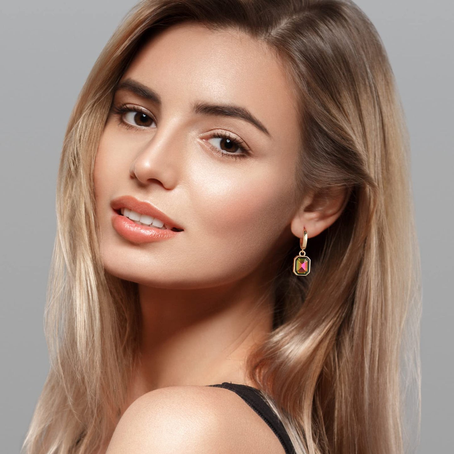 Birthstone Crystal Dangle Drop Earrings, 18K Gold Plated Huggie Hoop Hypoallergenic Earring Jewelry Gifts for Women (Vitrail Medium)