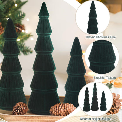 Bucherry 3 PCS Velvet Christmas Tree Figurines Decoration - 8" 10" 14" Modern Cone Christmas Tabletop Home Rustic Centerpiece Set for Winter Holiday Mantel Entryway Party Decor(Green)