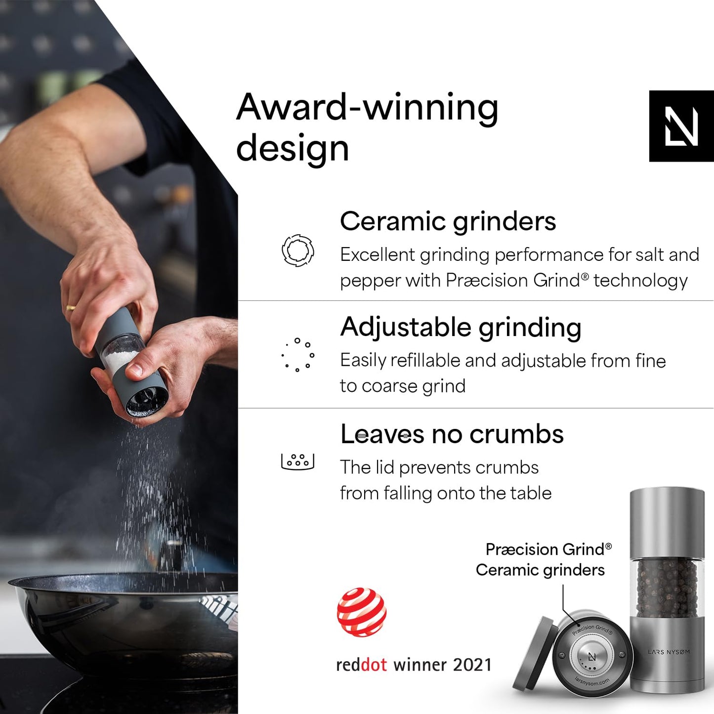 LARS NYSØM Salt and Pepper Grinder Set, Manual Salt and Pepper Mills with Adjustable Ceramic Grinder, Design Spice Shaker Set (Stainless Steel)
