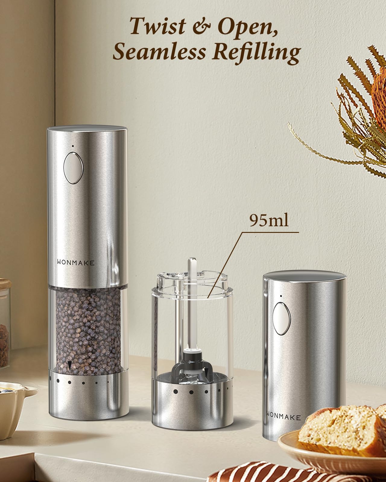 Electric Salt and Pepper Grinder Set - Automatic Refillable Salt and Pepper Grinders with Charging Base & LED Light, 6-Level Adjustable Coarseness with External Dial, Ideal Kitchen Gadget，Silver