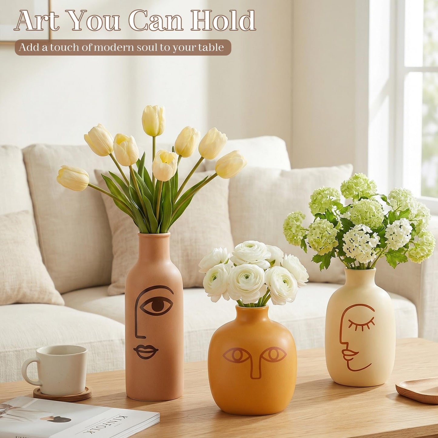 Abstract Face Ceramic Vases Set of 3, Modern Boho Matte Ceramic Vase Set for Home Decor, Rustic Farmhouse Decorative Flower Vases for Shelf, Coffee Table, Mantel and Entryway