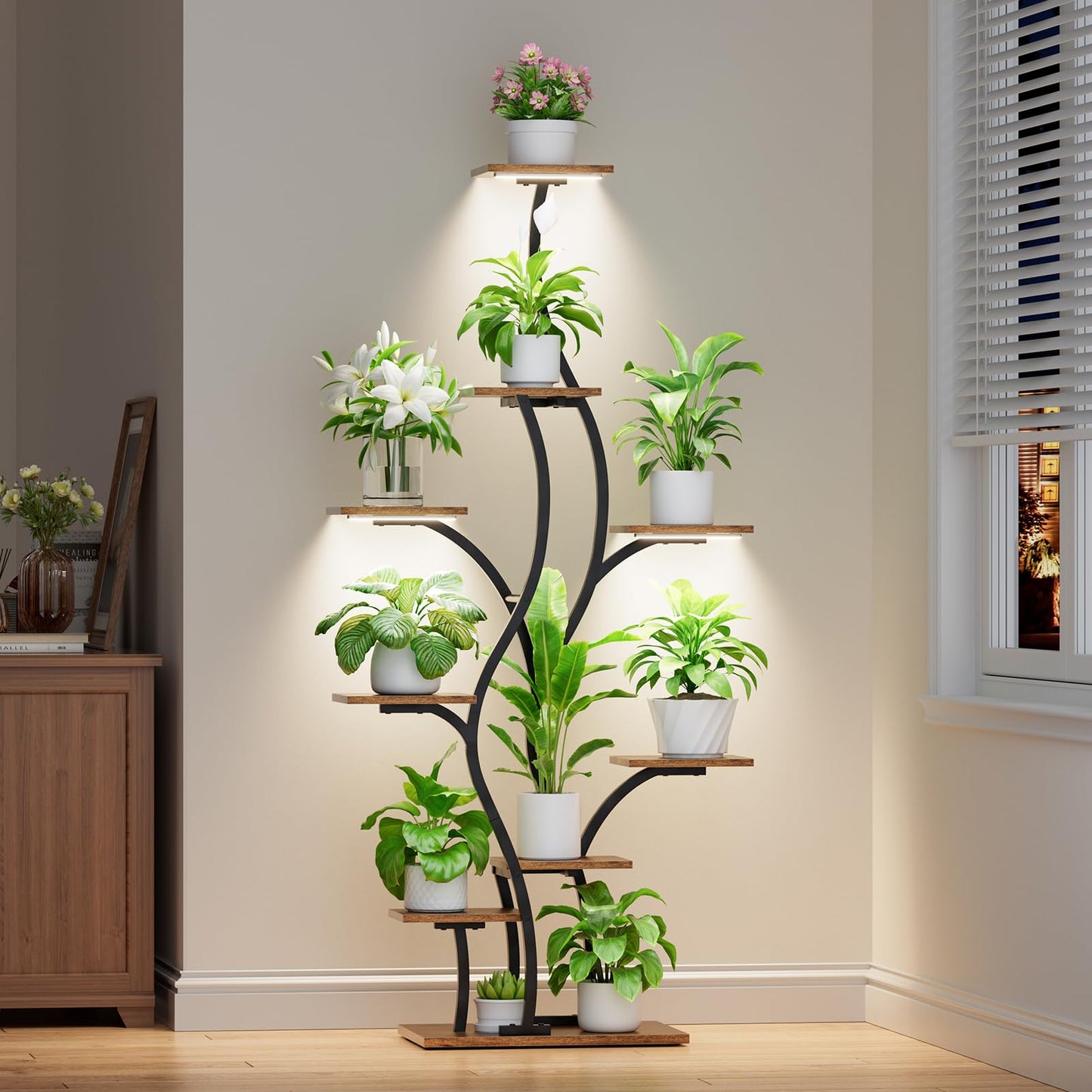 Plant Stand Indoor with Grow Lights - Lighted Plant Shelf Indoor, 64.5" Tall Corner Plant Stands for Indoor Plants, 9 Tiered Tree-Shaped Flower Shelf Metal Holder for Living Room, Bedroom, Black