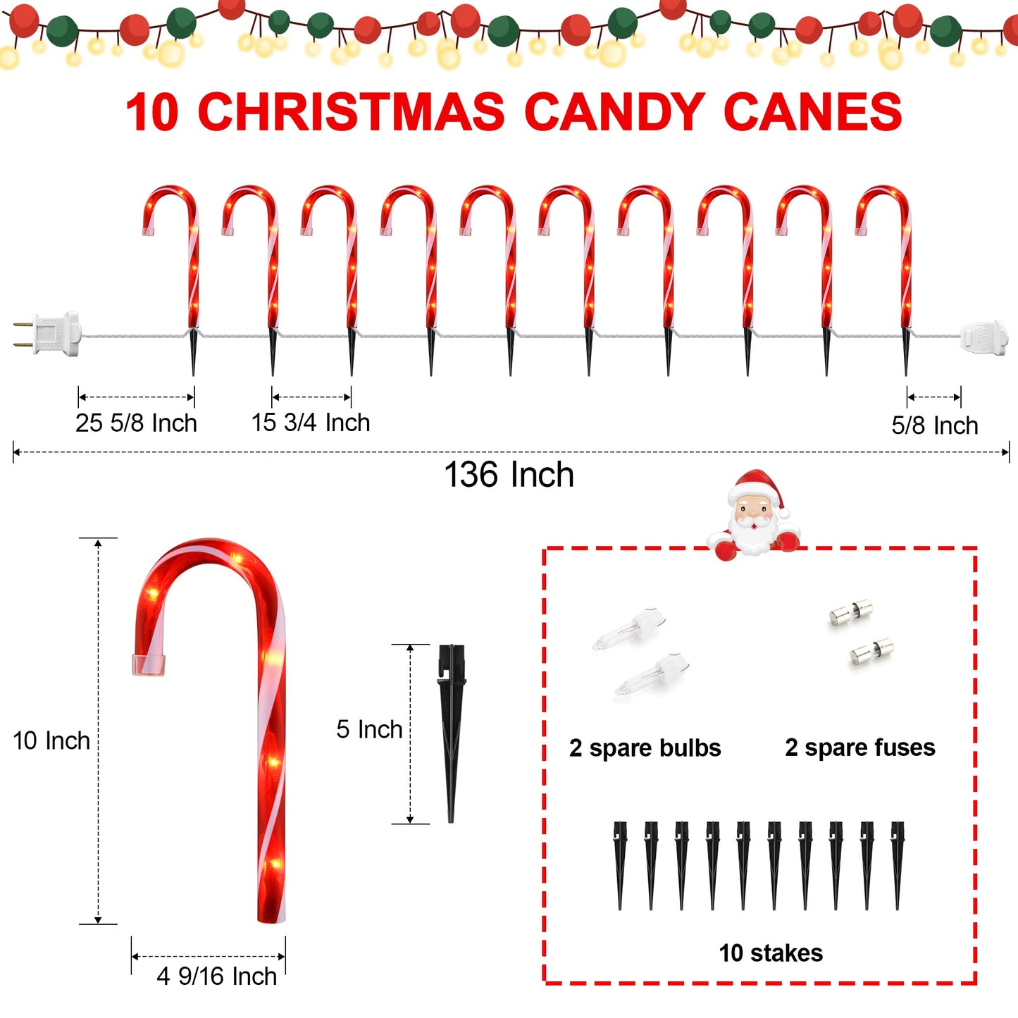 10" Christmas Candy Cane Lights (10PCS) for Landscape Decoration,Red & White Pathway Makers Lights (Include Stakes)