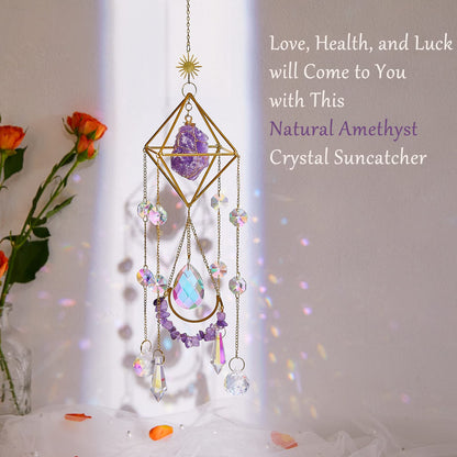 Amethyst Crystal Suncatcher - Hanging Gold Plated Garden Sun Catcher for Windows, Healing Amethyst Crystal Decor for Home, Gift for Christmas Birthday Valentine Mothers Day