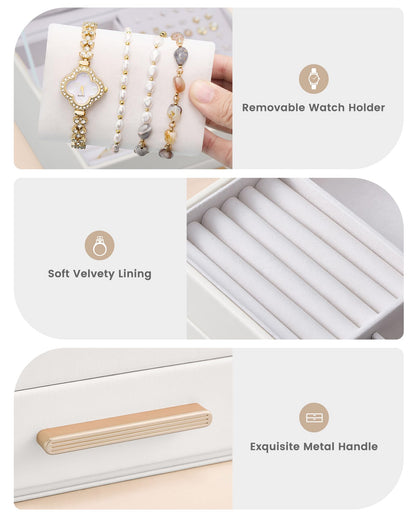 Lolalet 2-Layer Jewelry Box Organizer for Women Girls, Jewelry Storage Case Holder with Drawers for Necklaces Ring Earrings Bracelet Watch, Gifts for Galentines Valentines Girlfriend Wife -Beige