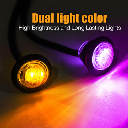 MADCATZ 100 Pcs 3/4" Mini Round Amber to Purple Side Marker Lights with Bullet Connector Plug + 2 Prong Wire Harness Roll, 100 Female Plugs - 6.5 inch Lead for Truck Trailer Pickup 12V DC