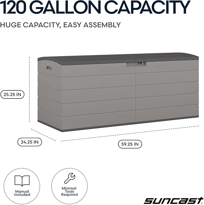 Suncast 120 Gallon Deck Box - Resin Outdoor Storage Box for Patio Cushions, Pool Accessories, & Garden Tools, Lockable Outdoor Storage Bin with Split Lid, Extra Large Dove Gray Outside Container