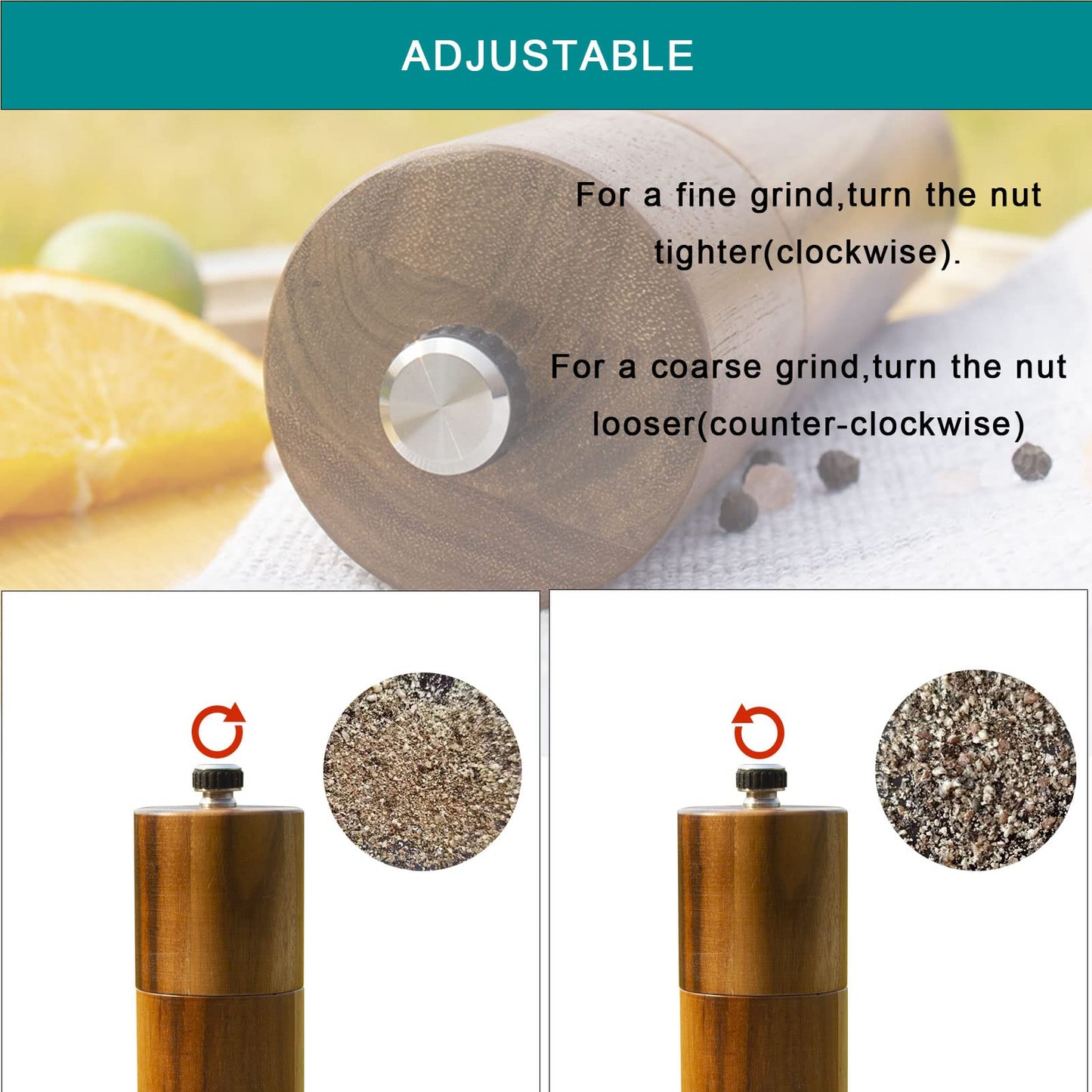 Yvake Wooden Salt and Pepper Grinder,8 Inch Manual Salt and Pepper Mill, Adjustable Coarseness and Refillable,Acacia Wood Pepper shakers for your kitchen