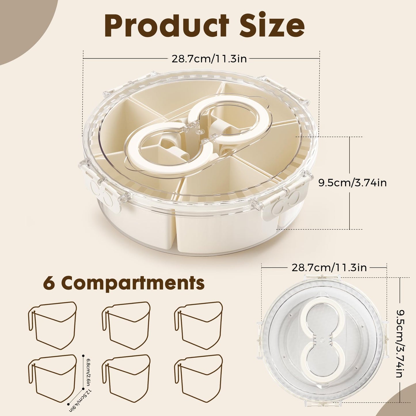 Divided Snack Serving Tray with Lid and Handle，Snackle Box Container for Fruits Candy Organizer，Portable Spinning Rounded Veggie Tray for Kitchen, Party, Trave and Picnic