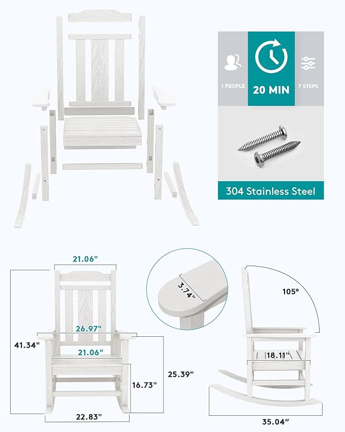 SERWALL Oversized Outdoor Rocking Chair Set of 2, HDPE Outdoor Rocking Chair for Adults, White