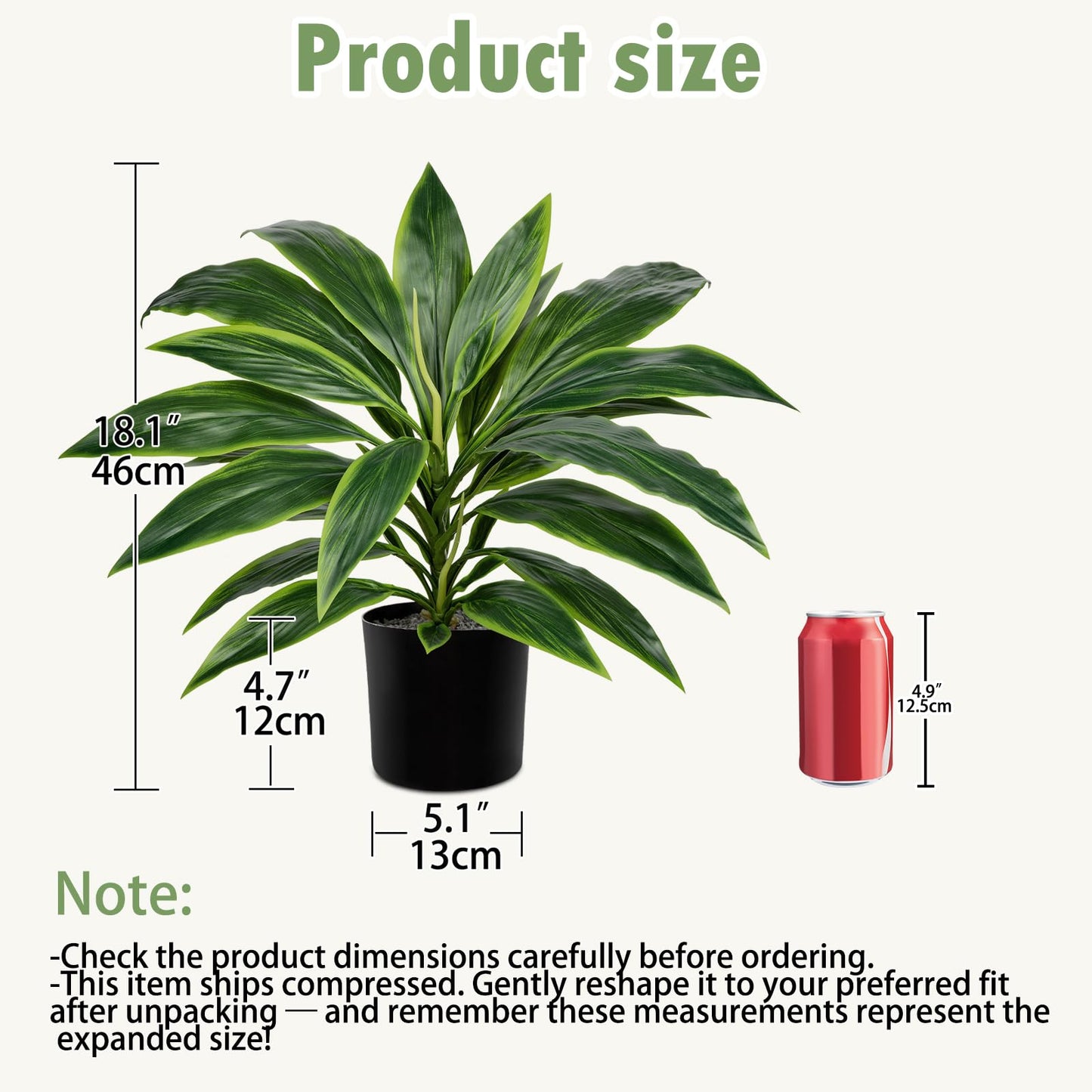 Oairse Artificial Plants Indoor with Pot, 18.1" Fake Potted Plants Medium Artificial Dracaena Plant in Black Pot Faux Tropical Plants for Bathroom Living Room Office Desk Shelf Decor