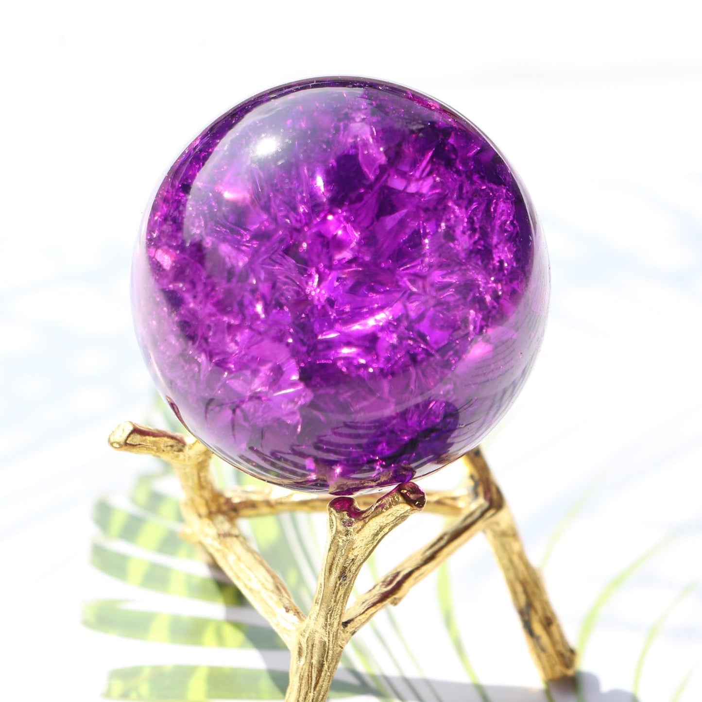 50mm Crystal Ice Cracked Balls with Metal Branches Base Paperweight K9 Glass Decorative Ball Decor for Home Table Room Office Wedding Ornaments (Purple)