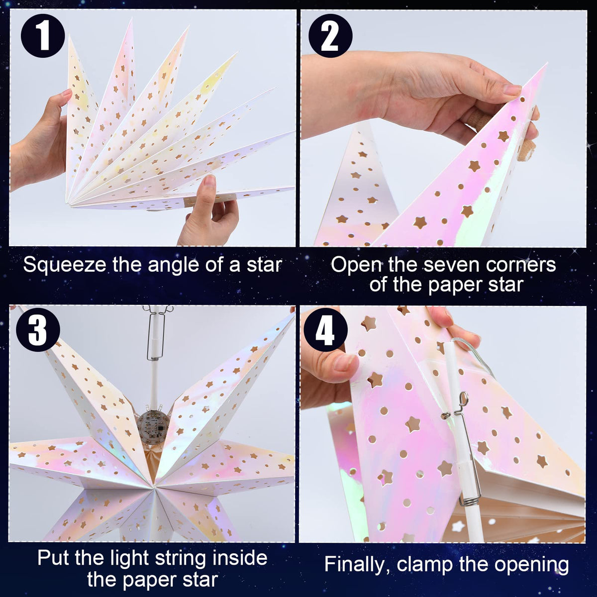 Mudder 19.7 Inch Christmas Star Paper Lantern 7 Pointed Christmas Window Lantern with 10 LED Light Strings Hanging Pendant Xmas Tree Ornaments for Holiday Decor Home(Classic,Holographic Rainbow)