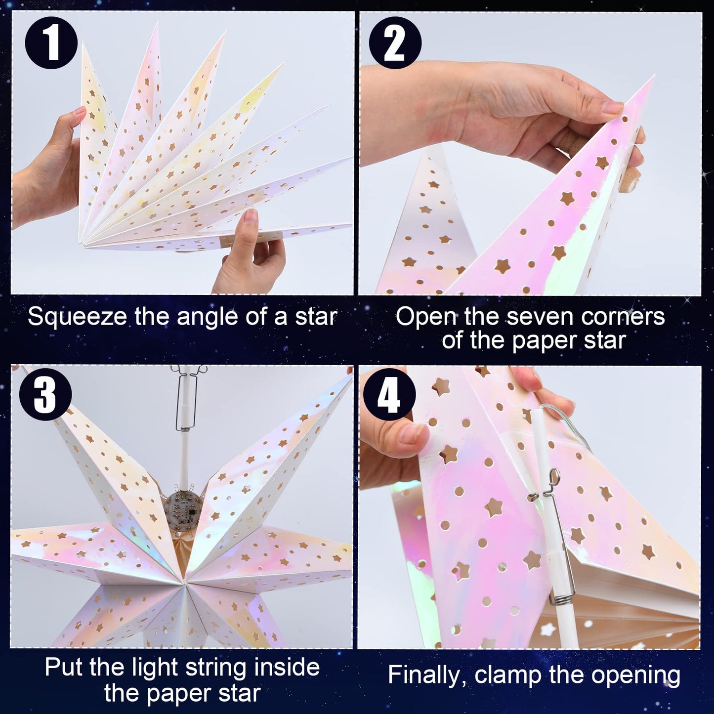Mudder 19.7 Inch Christmas Star Paper Lantern 7 Pointed Christmas Window Lantern with 10 LED Light Strings Hanging Pendant Xmas Tree Ornaments for Holiday Decor Home(Classic,Holographic Rainbow)