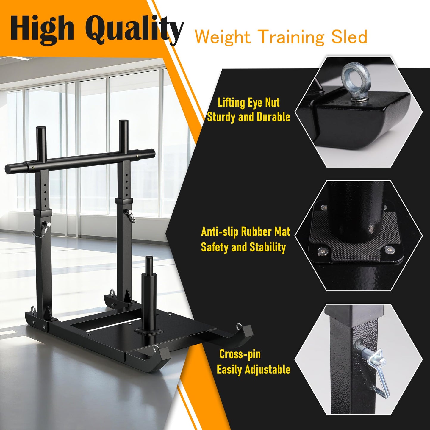 GanFindX Adjustable Weight Sled with Straight Handlebar for Push & Pull Training, Heavy Duty Fitness Sled with 5 Height Levels, Strength Speed Trainer, Fits 1"&2" Plates