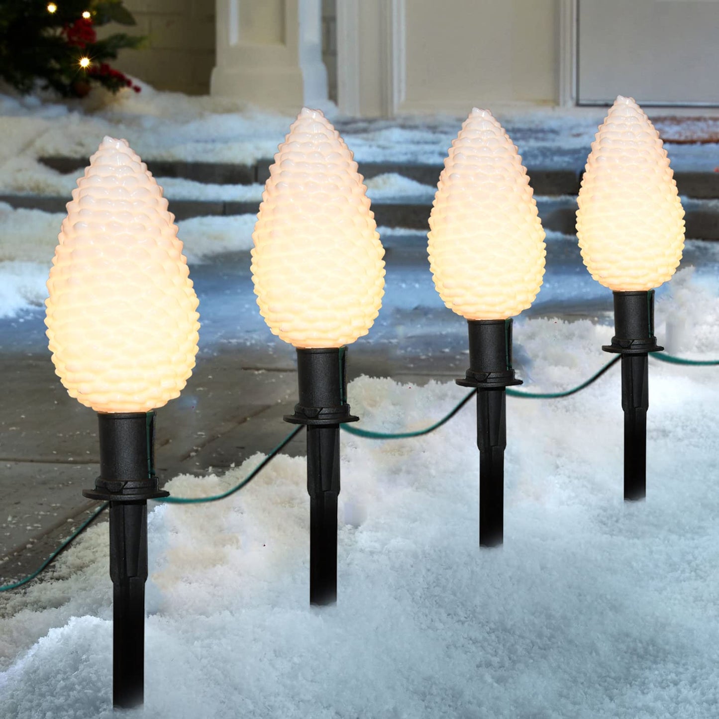 C9 Christmas Pinecone Path Marker Light,1 Pack 7 Ft Expandable Path Light String with 4 LED Pinecone Lights with 4 Stakes Waterproof Christmas Lawn Walkway Lane Marker Lighting Decoration, Green Wire