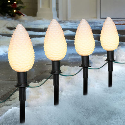 C9 Christmas Pinecone Path Marker Light,1 Pack 7 Ft Expandable Path Light String with 4 LED Pinecone Lights with 4 Stakes Waterproof Christmas Lawn Walkway Lane Marker Lighting Decoration, Green Wire