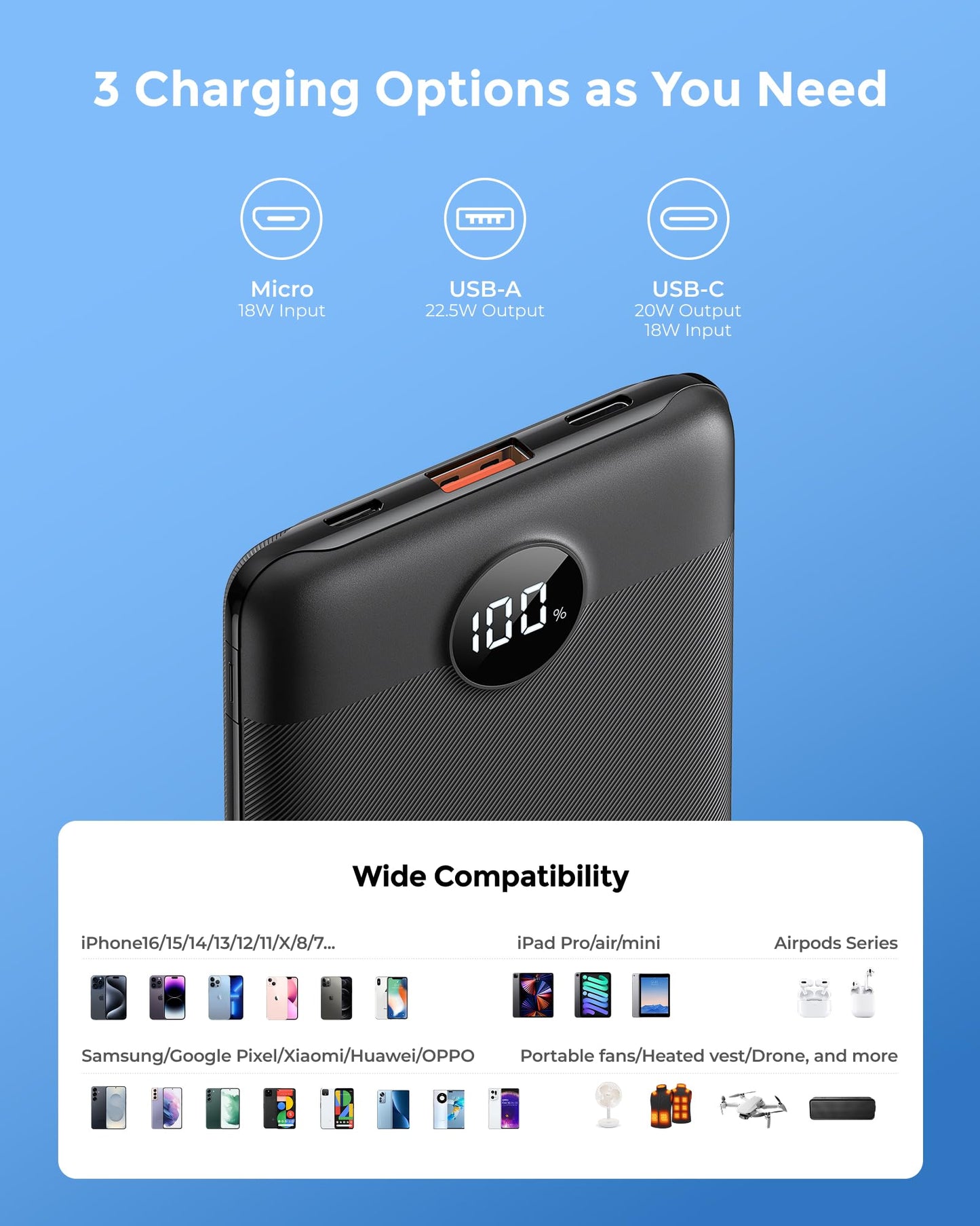 VEEKTOMX Small Portable Charger 10000mAh, Mini Power Bank 22.5W Fast Charging, Slim & Lightweight Travel Essentials, 3-Output External USB C Battery Pack Compatible with iPhone 17 16 15 (Dark Black)