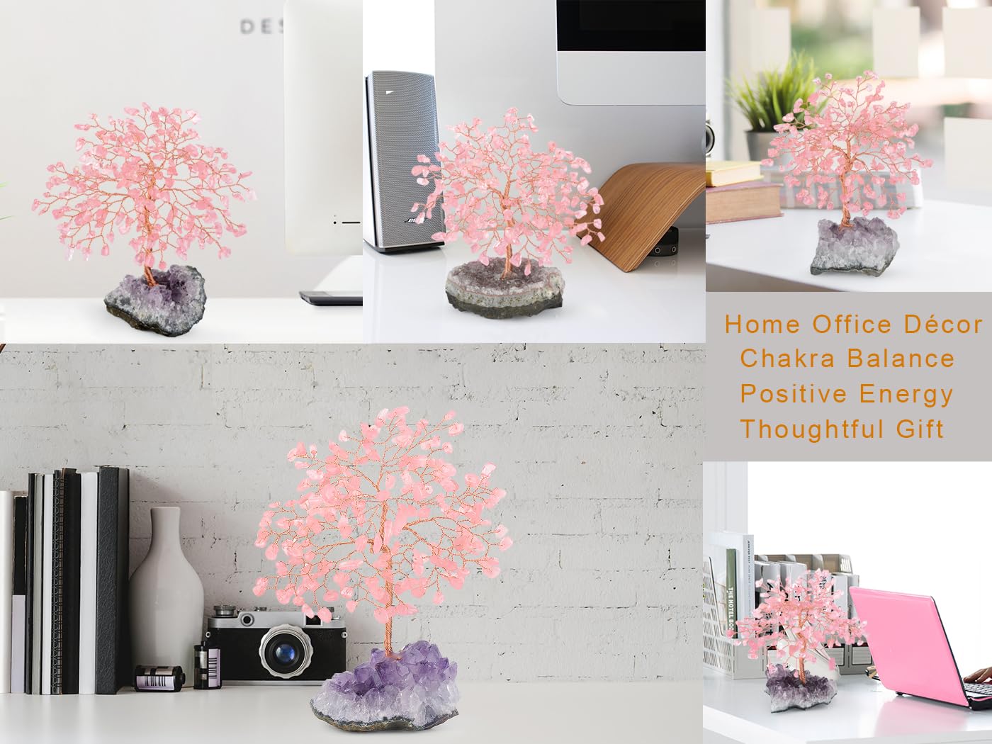 MASGEMES Natural Rose Quartz Gemstone Crystal Tree of Life, Amethyst Cluster Base,Feng Shui Decor Bonsai Money Tree,Healing Crystal Positive Energy Gift Size 5.5-6.3 Inches
