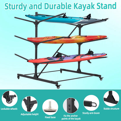 GCCSJ Kayak Storage Rack, 3-Leves Freestanding Kayak Stand with Wheels, Adjustable Canoes and Surfboards Bracket for Garage and Outdoor Kayak Racks