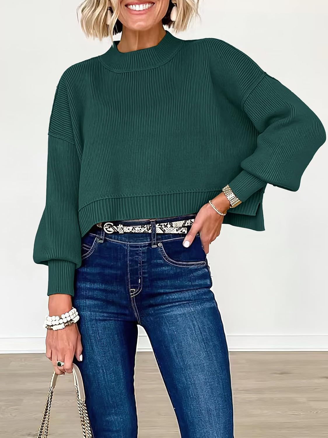 ANRABESS Womens Cropped Sweaters Oversized Crewneck Long Batwing Sleeve Side Slit Ribbed Knit Pullover Tops 2025 Fall Clothes