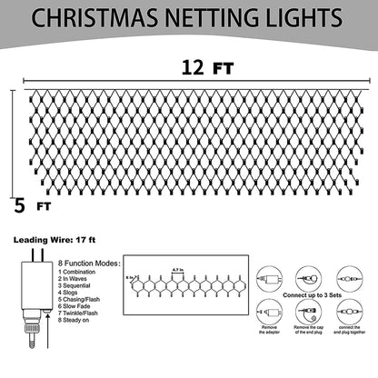 Outdoor Christmas Lights, 360 LED 12FT x 5FT Green Wire Waterproof Christmas Net Light Outdoor Plug in with 8 Modes, Warm White Mesh Lights Decorations for Xmas Indoor Tree Bush Yard Home Decor