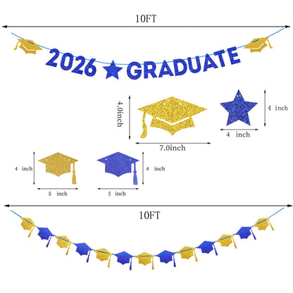 Navy-Blue White-Gold Party-Decoration Graduation Banner - 8pcs Kits Cap Garland Streamers, Paper Tissue Pom Poms Flowers, 2026 Craduate Banner Congratulations Grad Decor Lasting Surprise
