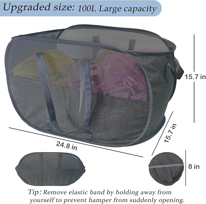 Upgraded 100L Collapsible Laundry Basket, Extra Large Mesh Pop Up Laundry Hamper