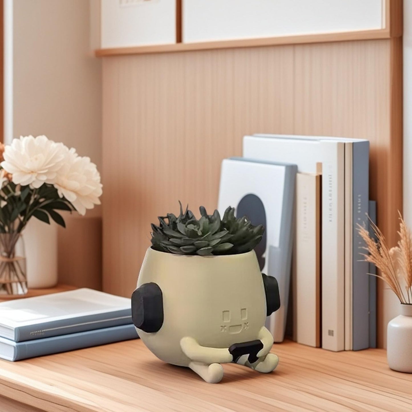 Heuvcnsr Cute Resin Flower Head Planters, Smily Face Planter Pots for Indoor Plants, Sit Headphone Smiley Face Succulent Flower Pots with Drainage Hole, Gift Ideai for Birthday