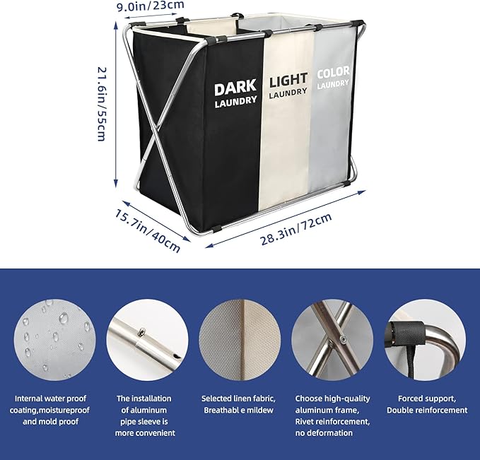 Laundry Cloth Hamper Sorter Basket Bin Foldable 3 Sections
