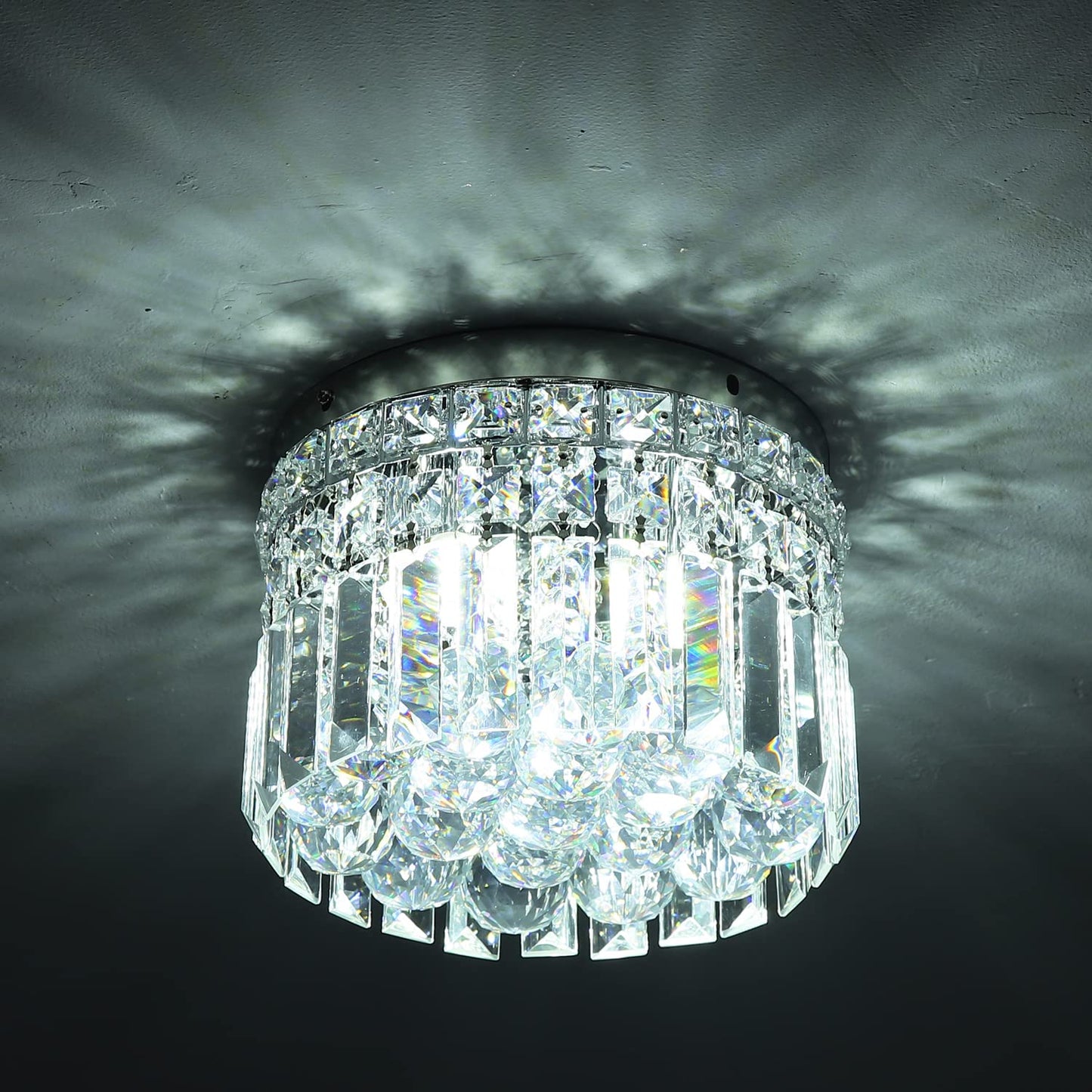 CEENLI Mini Modern Round Crystal Flush Mount Chandelier 7.8 inch Ceiling Light Fixture 4-Lights G9 Bulb for Closet Foyer Hallway Bedroom Living Room Dining Room Entryway Chrome Finish