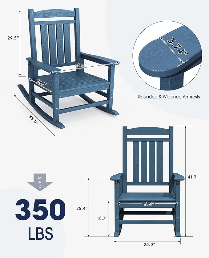 KINGYES HDPE Outdoor Rocking Chair, Widened Seat Patio Rocking Chair, Oversized All Weather Patio Rocker, Navy