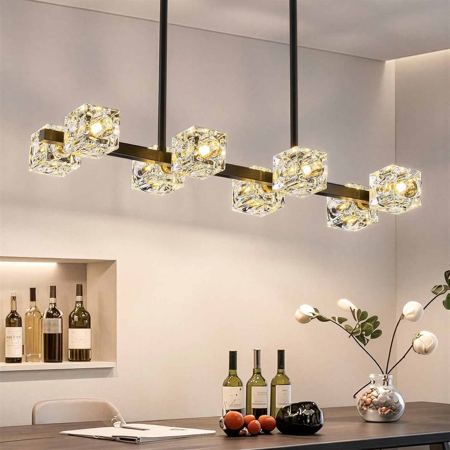 Krisosia Modern Black Crystal Chandelier, 8-Light Cube K9 Crystal Pendant Light with Adjustable Height, Farmhouse Dining Room Hanging Light for Kitchen Island, Living Room，Bedroom,Over Table
