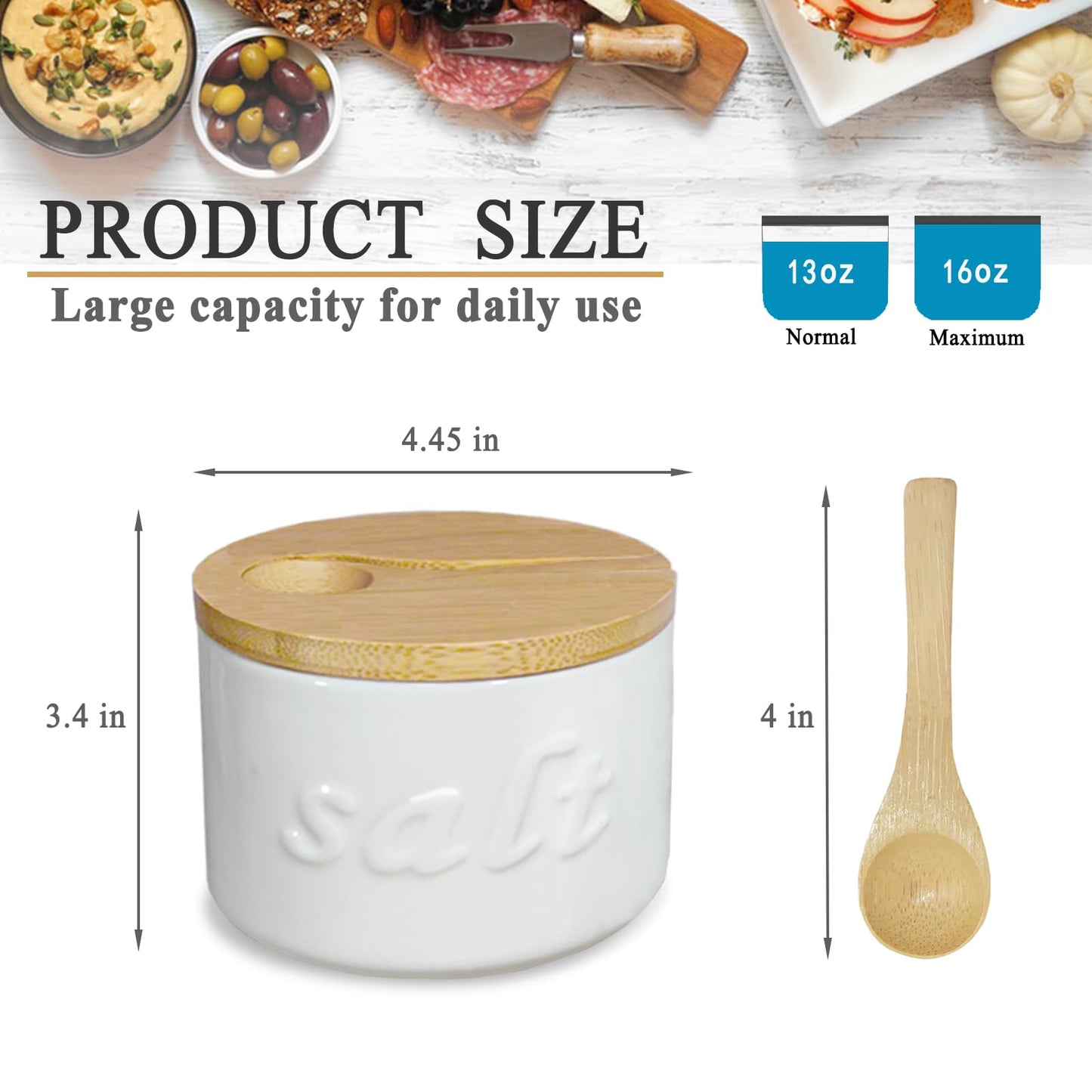 NAXIHOPT Salt Cellar with Lid and Spoon, 16 OZ Airtight Salt Container for Countertop, Ceramic Storage Container for Spices, White