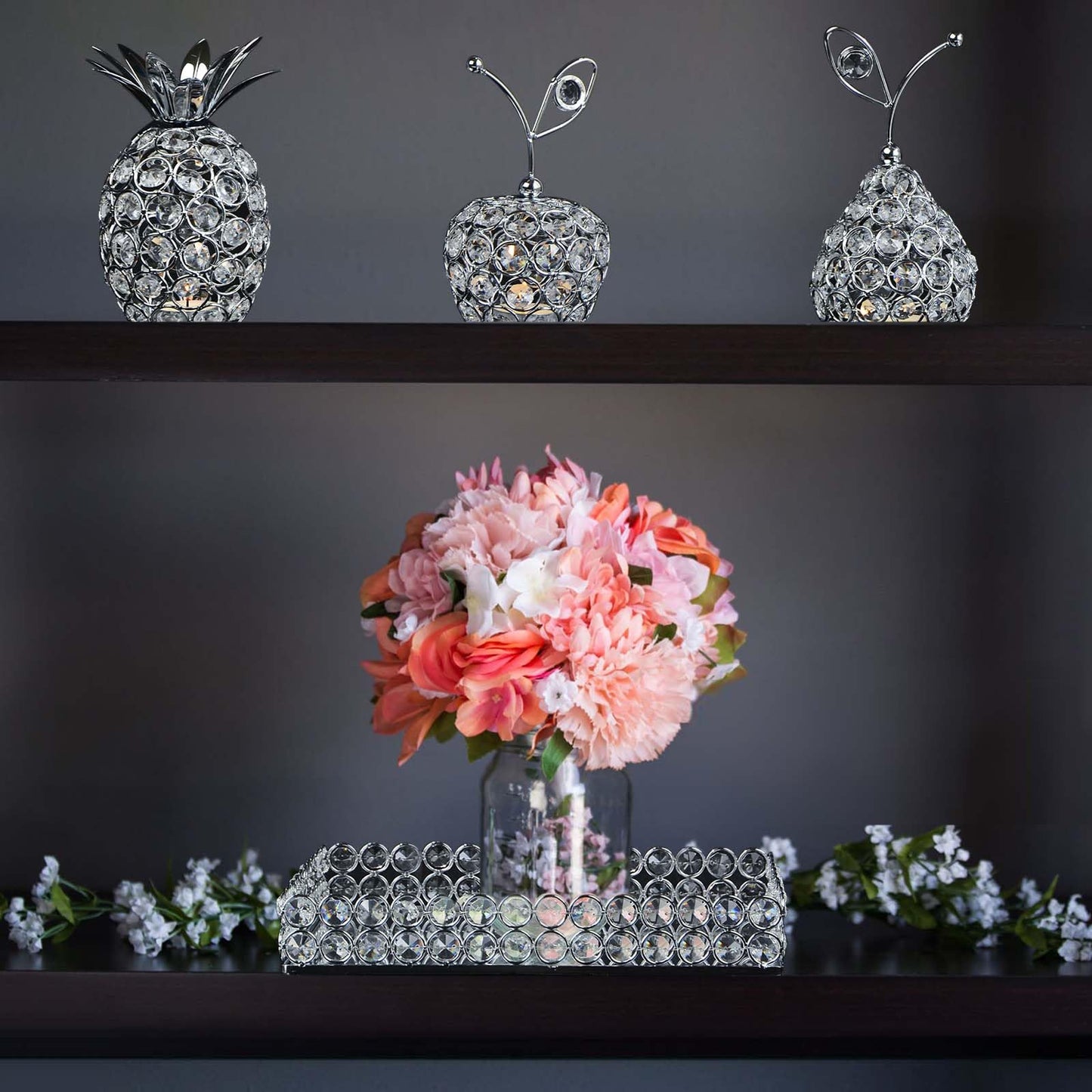 Elegant Decorative Trays & Crystal Fruit 4-Piece Set, Crystal Tea Light Holder - Wedding Centerpieces for Holidays, Home Table Decorations, Fruit Displays and Candle Holders (Silver, Set of Four)