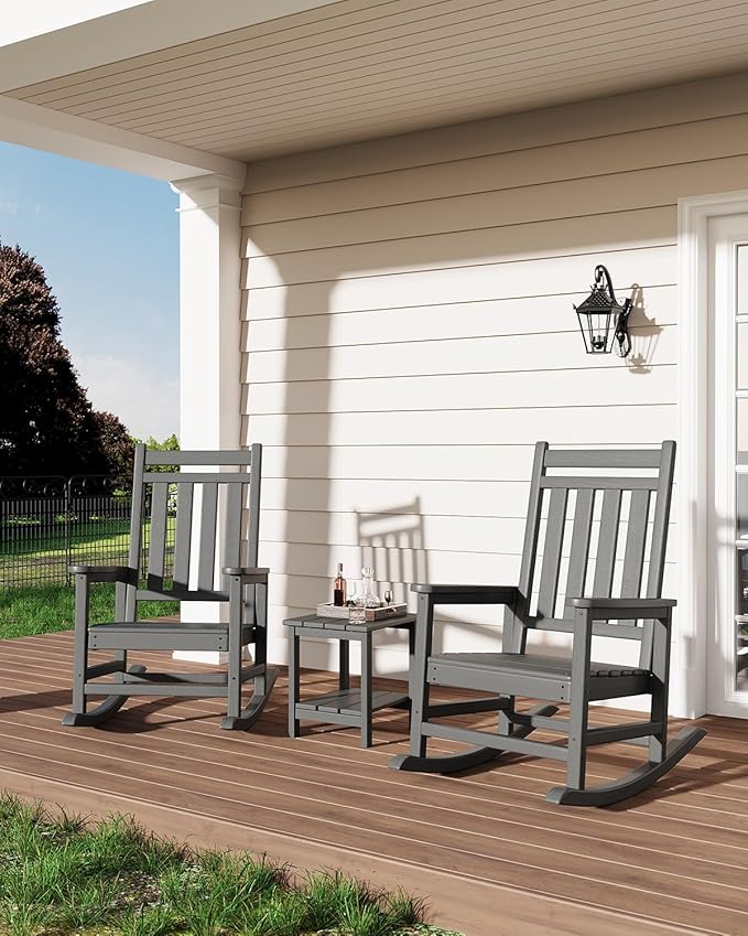 GarveeLife Poly Lumber Rocking Chair Outdoor Set of 2 with Side Table - HDPE High Back Porch Rocker Chairs for Adults - All Weather Resistant Furniture for Patio - Gray