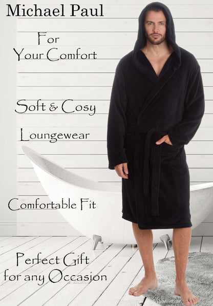 MICHAEL PAUL Dressing Gowns for Men | Super Soft Luxury Hooded Dressing Gown | Men's Warm and Cozy Fleece Nightwear Robe | Gifts for Men L BLACK