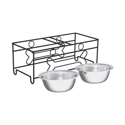 PETMAKER Elevated Dog and Cat Bowls - Decorative 6.5-Inch-Tall Raised Stand with 2 Stainless-Steel Food and Water Bowls - Hold 40oz Each by (Black)