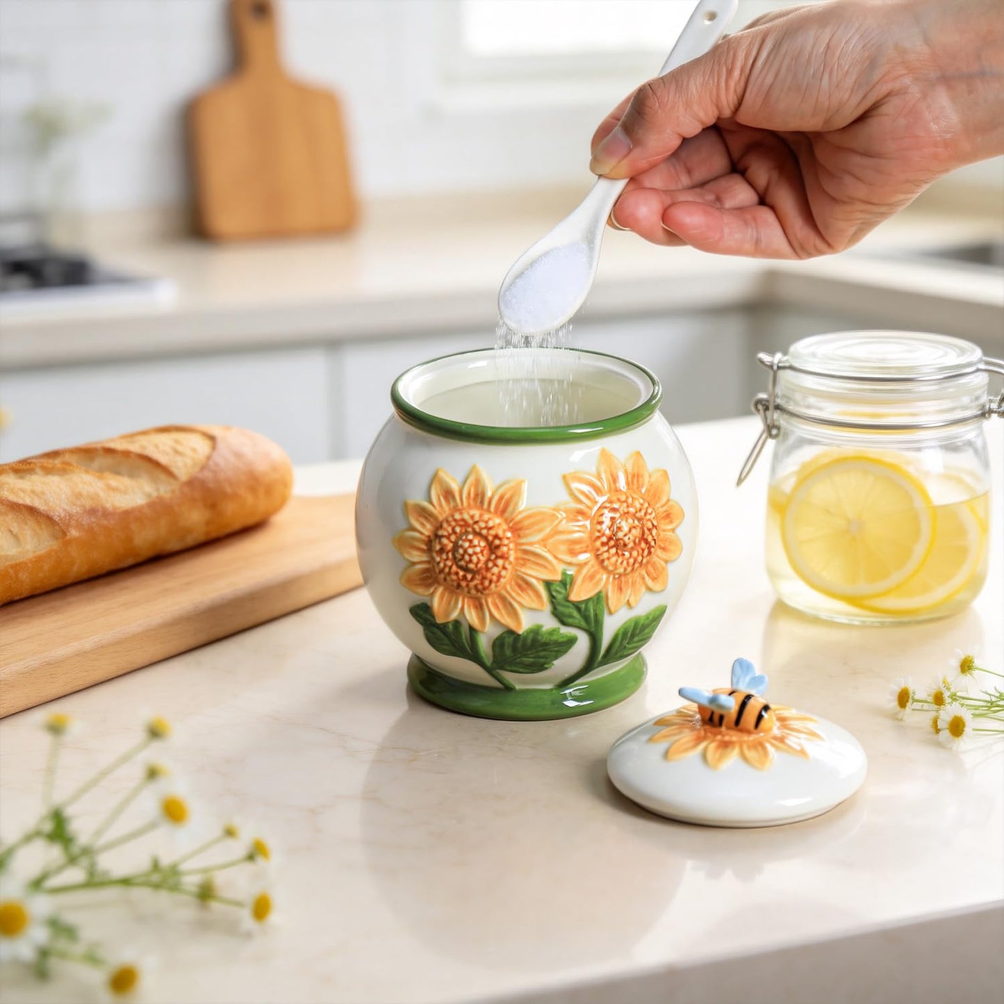 WAIT FLY Embossed Sunflower and Bee Ceramic Sugar Bowl with Lid and Spoon, Sugar Container, Sugar Jar for Kitchen Countertop, Coffee Bar-A