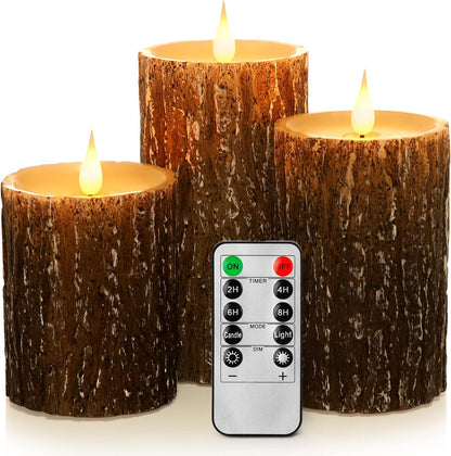 AKU TONPA Pine Bark Effect Flameless Candles Battery Operated Pillar Real Wax Flickering Electric LED Candle Sets with Remote Control Cycling 24 Hours Timer, 3" x 4" 5" 6" Pack of 3