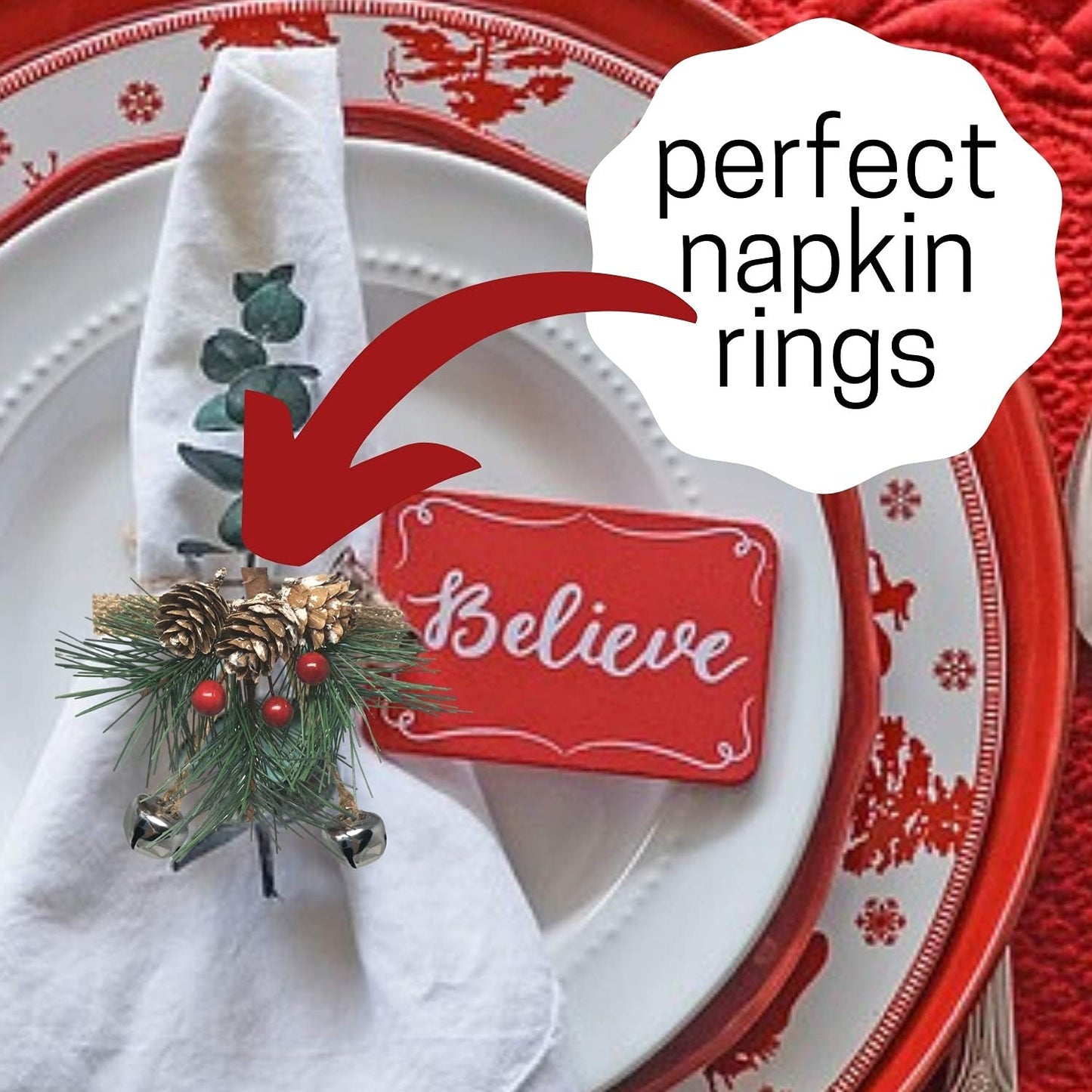 Christmas Bell Ornaments Set of 9 – Red, Green & Silver Jingle Bells with Pine Cones, Red Berries & Snowy Pine Greenery, Farmhouse Christmas Tree Decorations, Holiday Crafts & Wreath Accents, 6 Inch