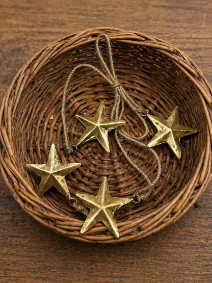 Rustic Gold Star Garland with Rope – Handmade Brass Metal Hanging Star Cluster for Farmhouse, Cow Bell Cluster, Christmas, Holiday, and Outdoor Garden Decor (Star Garland 24")