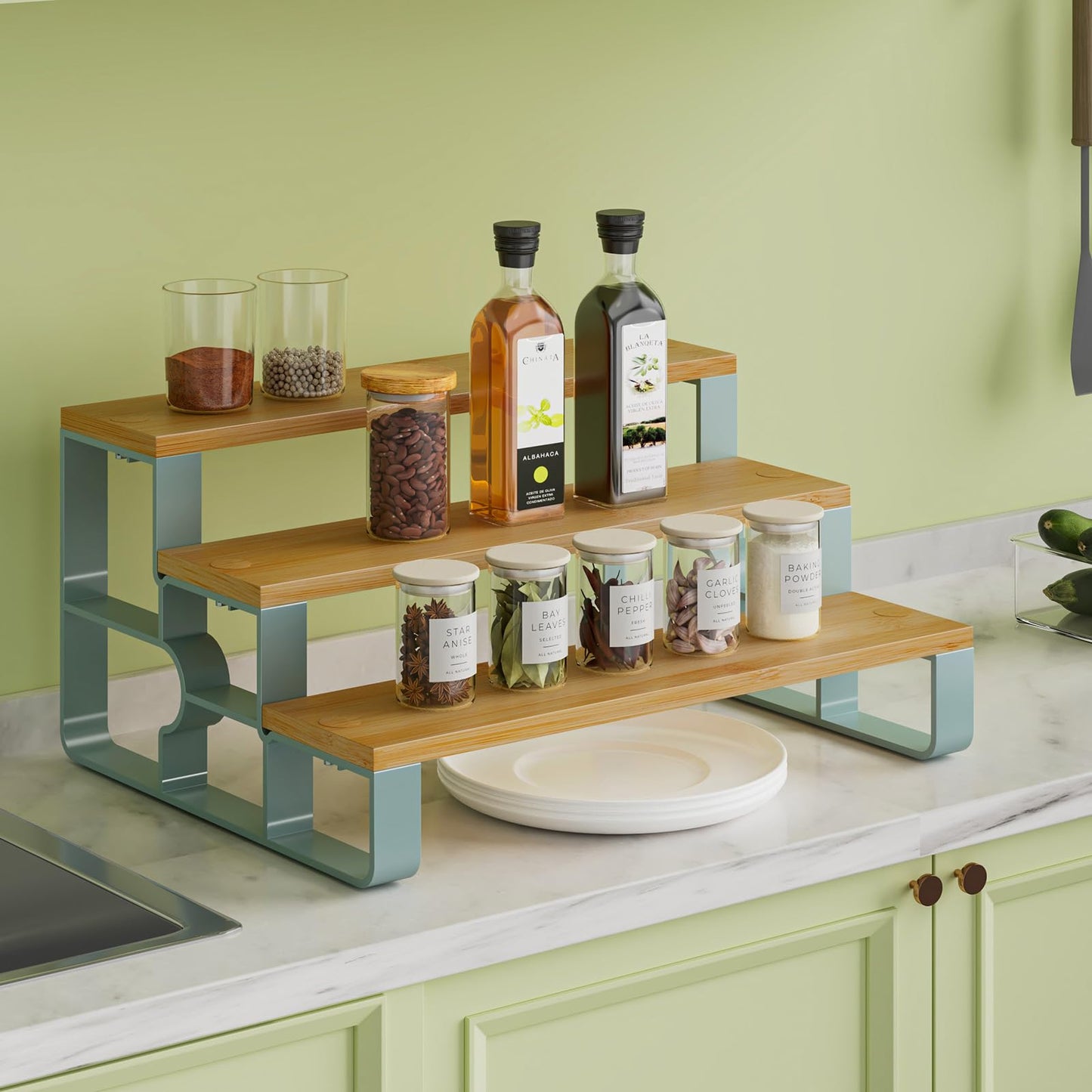 mengbu 3-Tier Bamboo Condiment and Spice Rack Shelf for Kitchen Countertop & Storage Cabinet, Step Organizer Display Riser Shelf for Women, Space-Saving, Easy Access, Easy to Assemble(14" Width)