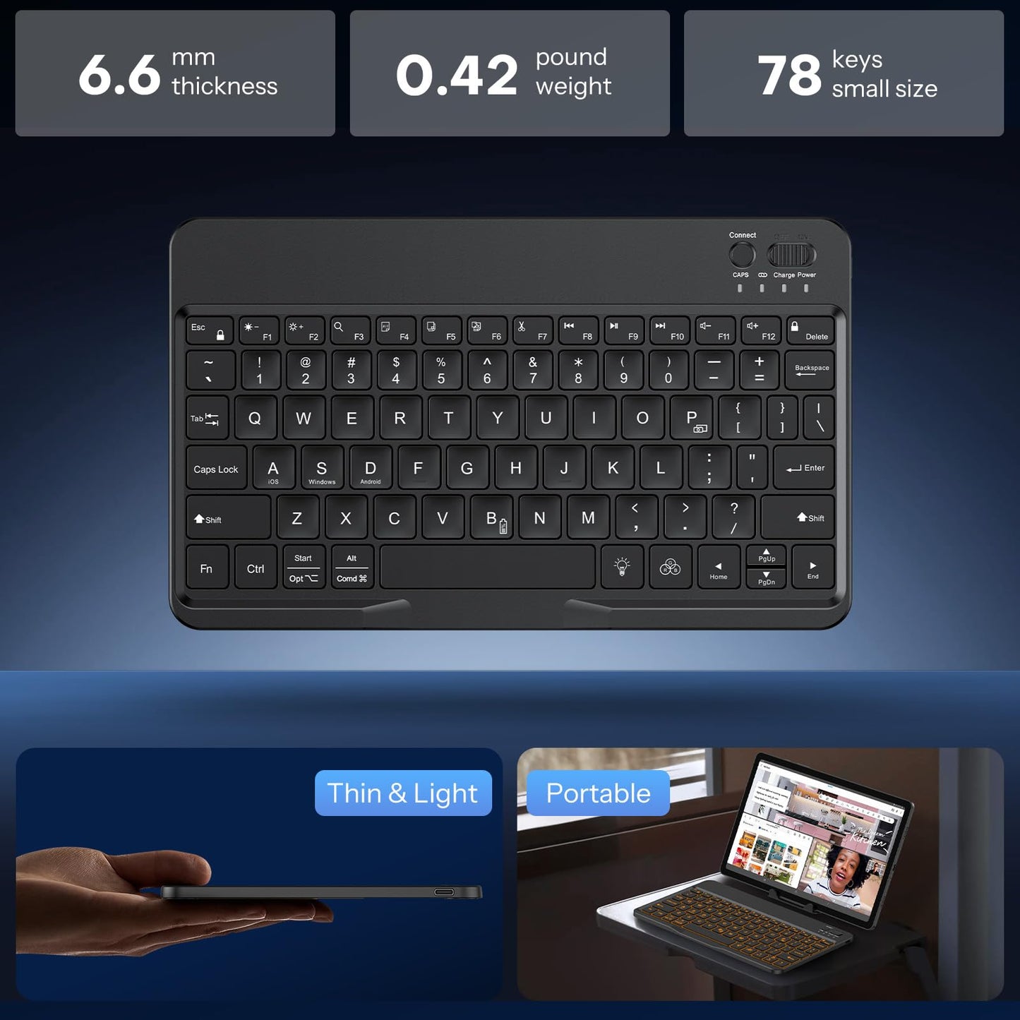 OMOTON Bluetooth Keyboard for Tablet/Android/Windows/iOS, with 7 Colors Backlight Rechargeable Wireless Mini Keyboard for Galaxy Tab A9+/A9+ Plus/S9/S9 Plus/S9 FE, Black