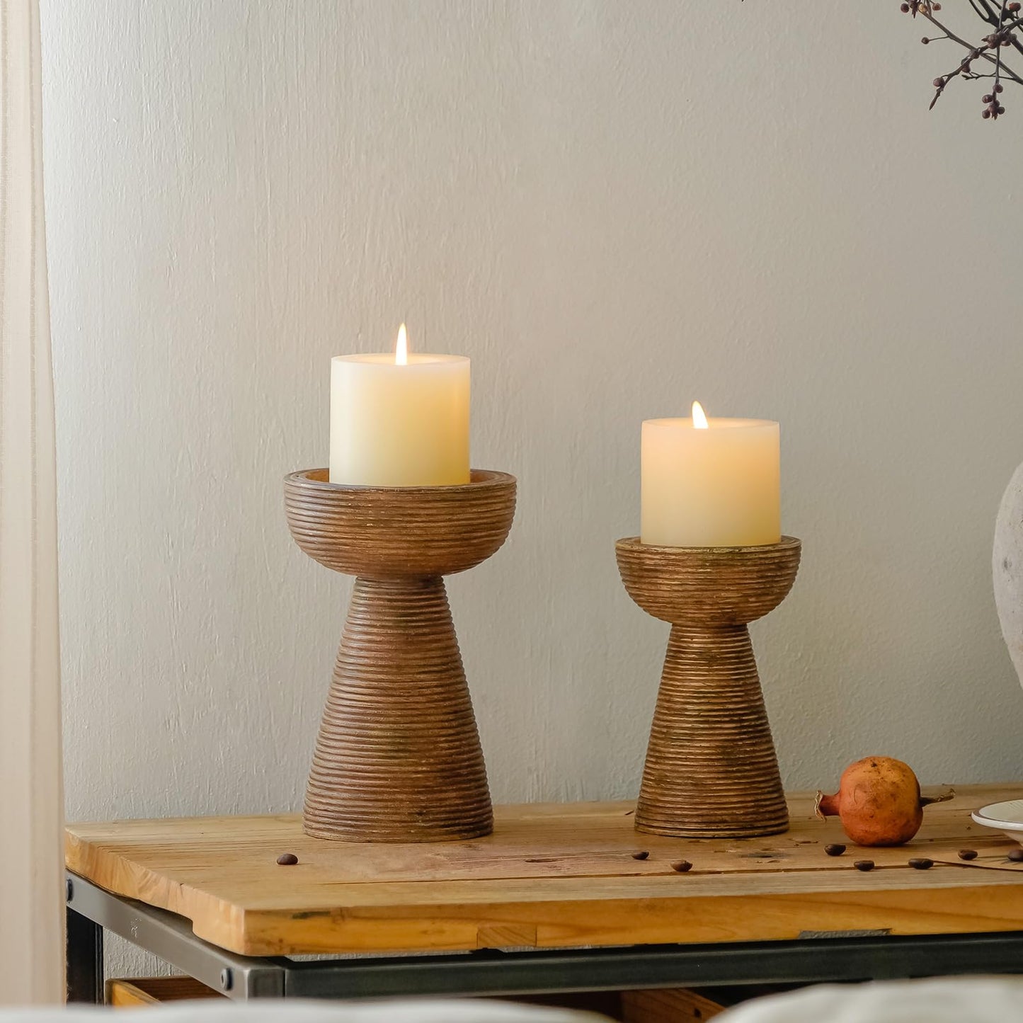 NIKKY HOME Modern Farmhouse Pillar Candle Holders Set of 2, Brown