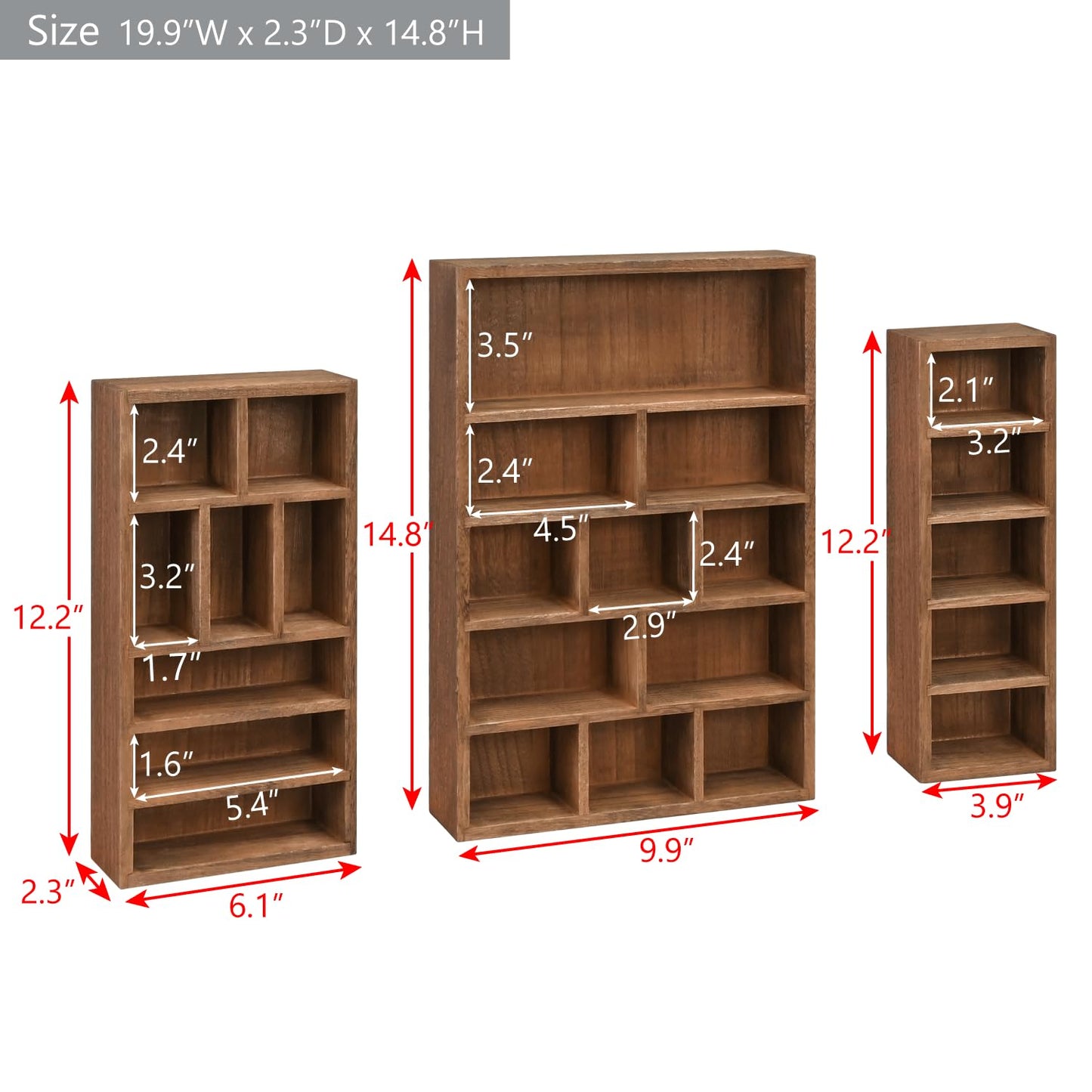 Ikee Design 3 Pcs Set Wall-Mounted Wooden Shadow Cubby Box Display Shelf with 24 Compartments Storage Display Case for Collectibles, Trinkets, Mini Figures, Brown Color, 19.9W x 2.3D x 14.8H in