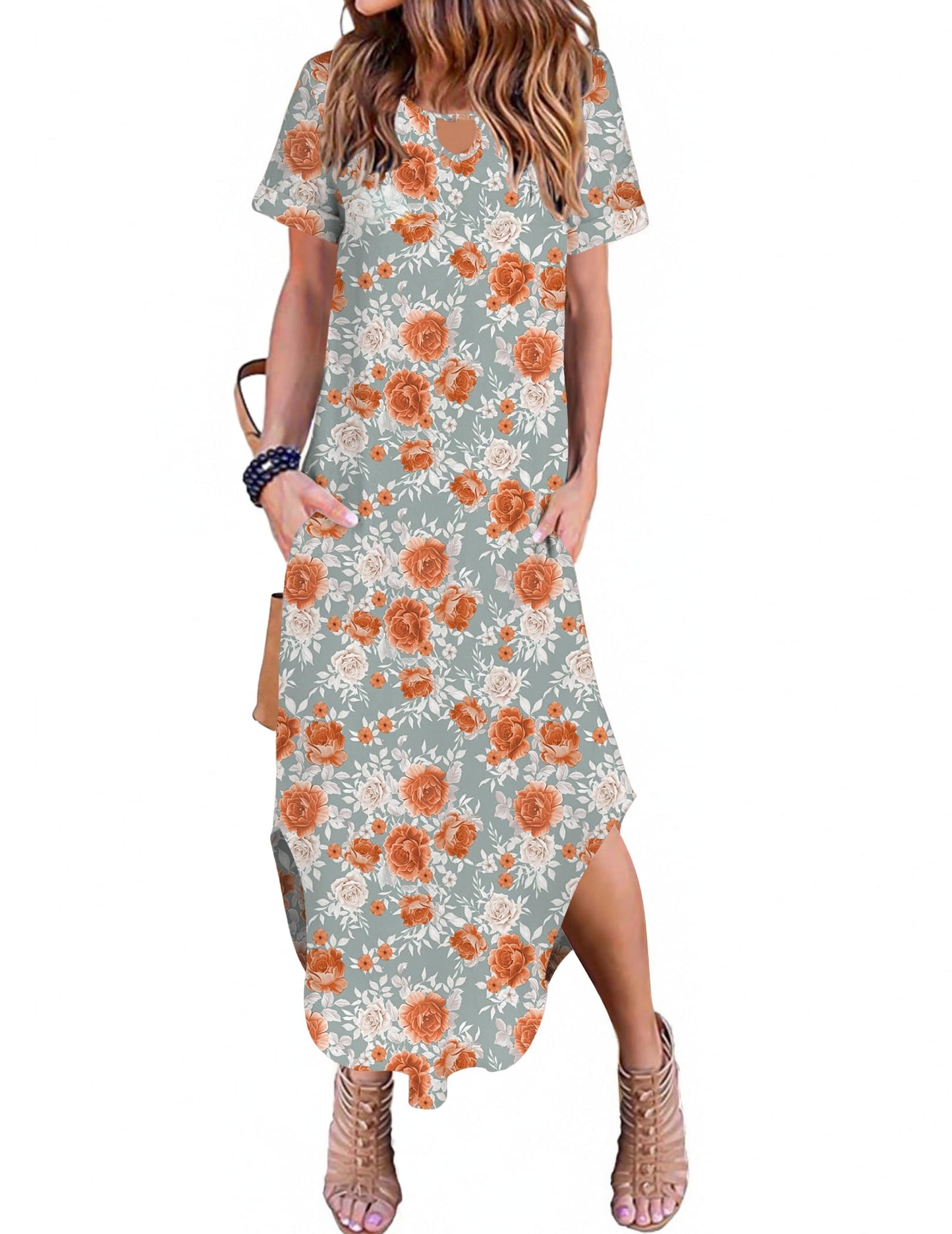 Zeagoo Womens Maxi Summer Dress with Pockets Casual Short Sleeve Sundress Trendy 2025 Curve Hem Long Dresss