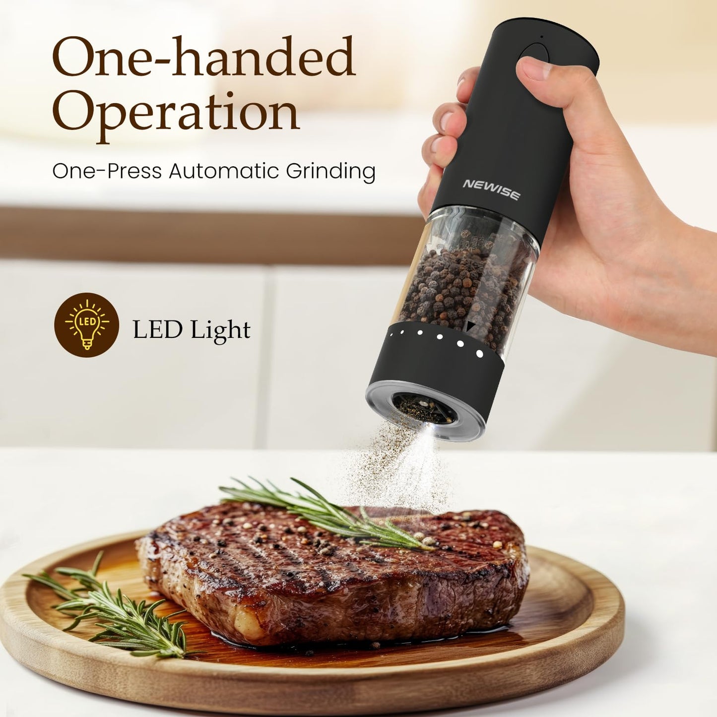Electric Salt and Pepper Grinder Set, Adjustable Coarseness & LED Light, Rechargeable Large Capacity Stainless Steel Mill, Kitchen Appliances for Women Mom- Black/White