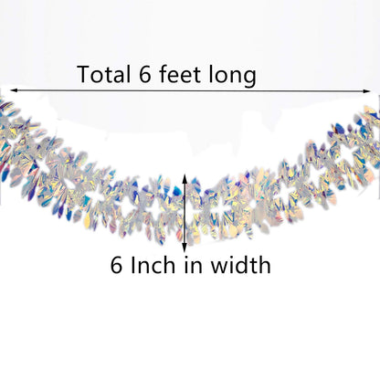 Iridescent Hanging Decorations Garland, 6ft Long Roll Shiny Foil Metallic Banner for Christmas, Bridal Shower, Wedding, Birthday, Frozen Theme Party, Fairy Princess Rainbow Show Decoration