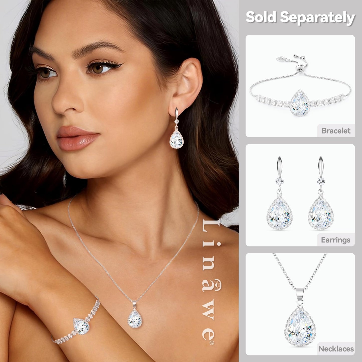 Linawe Silver Earrings for Women Trendy, Imitation Diamond Dangle Wedding Earrings, Rhinestone Cubic Zirconia Crystal Drop Chandelier Earrings, Teardrop Birthstone Dangly Earrings